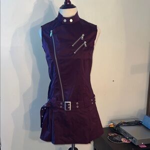 Sleeveless Mini Dress with Diagonal Zip and Belt in Deep Plum